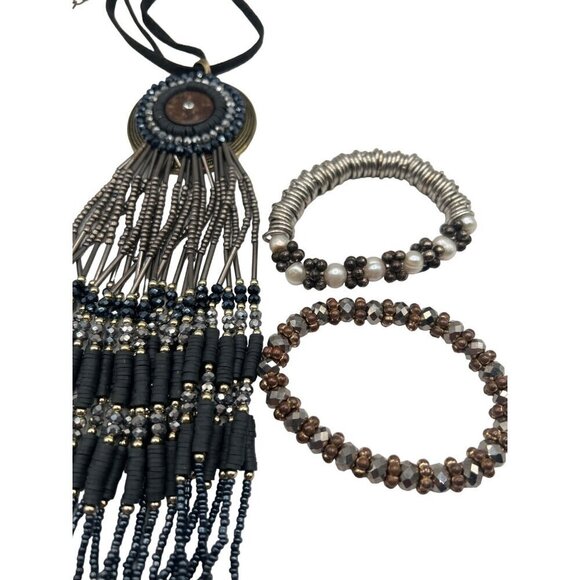 Boho Chic Beaded Necklace & Bracelet Set Statement Jewelry Black & Silver - Picture 7 of 7